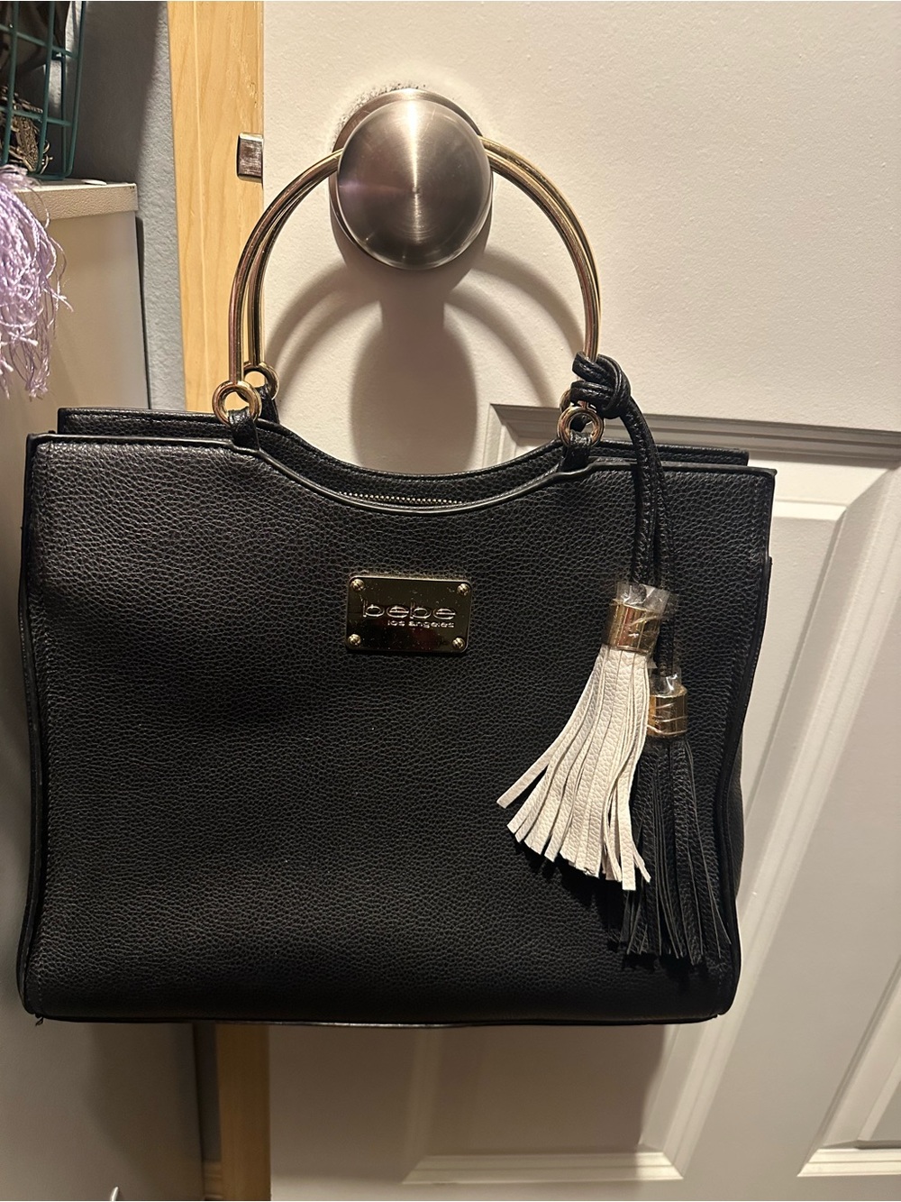 bebe Black Handbag with White & Black Tassels